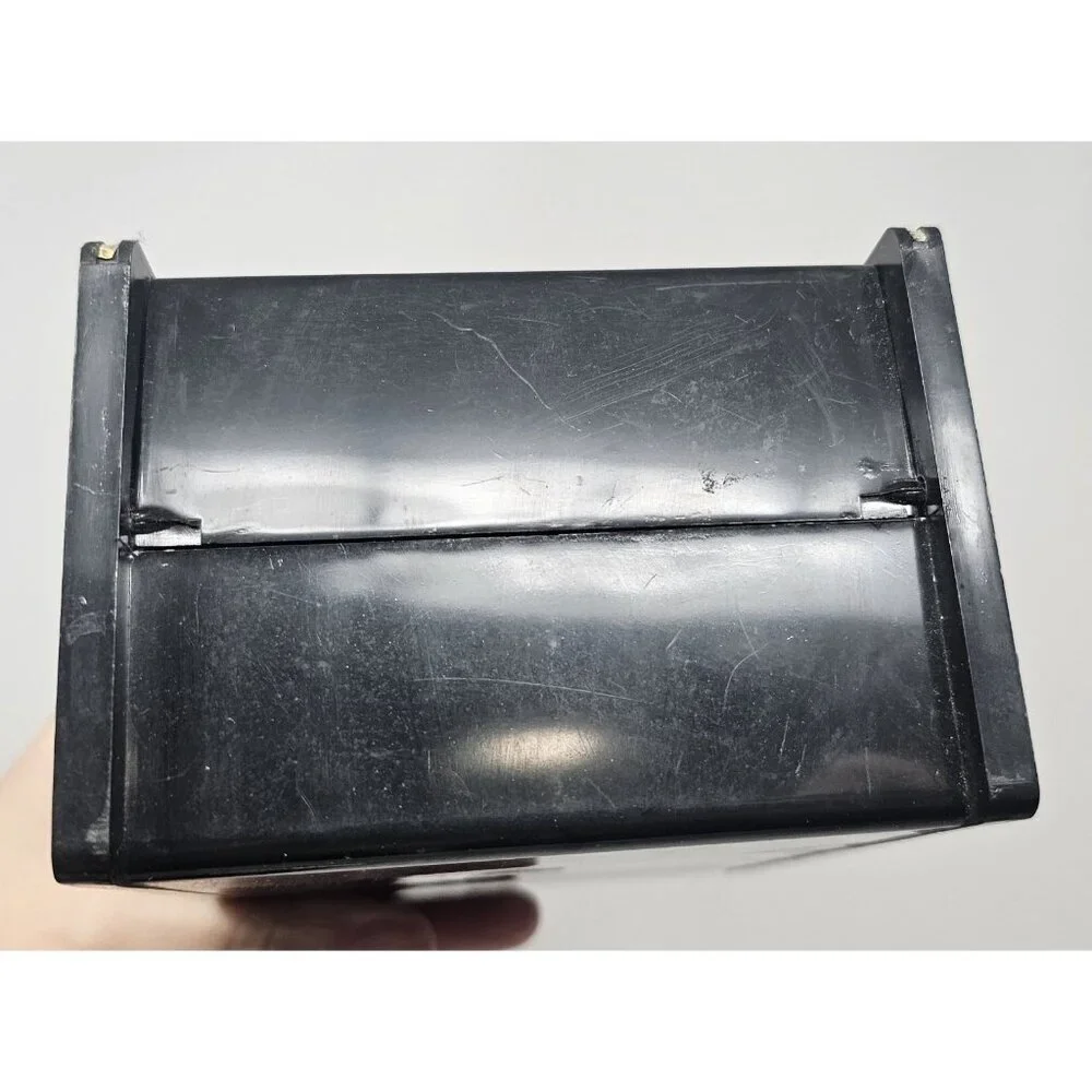 Vintage Hong Kong Black Vanity Jewelry Trinket Box Flip Rotating Mirror Floral